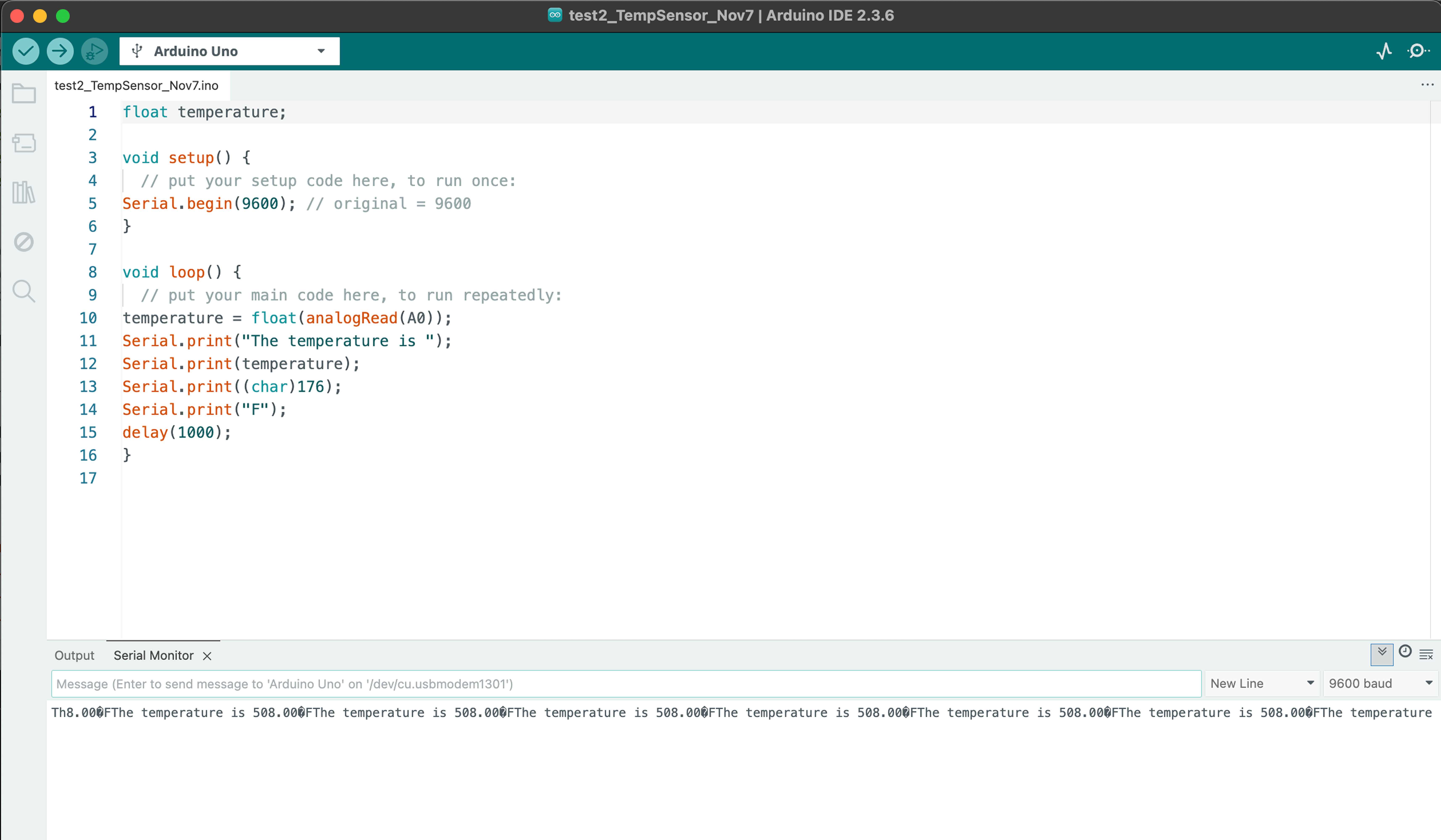 In the second sketch we found online the temperature displayed in the serial monitor was not reading correctly. Even after changing the baud rate to 9600 (as it was set to 115200) the temperature still was not reading correctly.  <a href='https://www.youtube.com/watch?v=2mne6ZVLhhA' target='_blank'><p>Link to Tutorial for Arduino Temperature Sensors by Science Fun.</p></a>